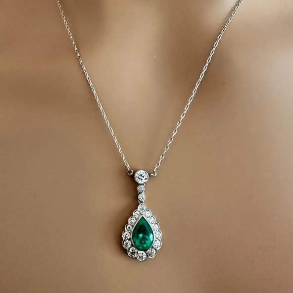 Vintage Estate Platinum Diamond Emerald Earrings Necklace Set - Picture 8 of 11
